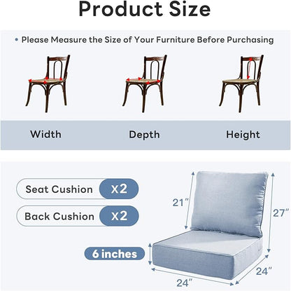 6" Thicker Outdoor Chair Cushion 2 Sets - 24" *24" *6" Waterproof Patio Furniture Cushions with Removable Cover, 28D High Density Sponge Filling Thicken Outdoor Patio Cushions - Baby Blue