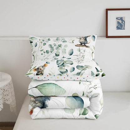 Erosebridal Kids Cute Animal Toddler Comforter Set for Girls Boys Cartoon Mouse Bedding Set, Spring Eucalyptus Bedding Comforter Sets Watercolor Leaves Duvet Set, Kawaii Animal Mice Quilted Comforter