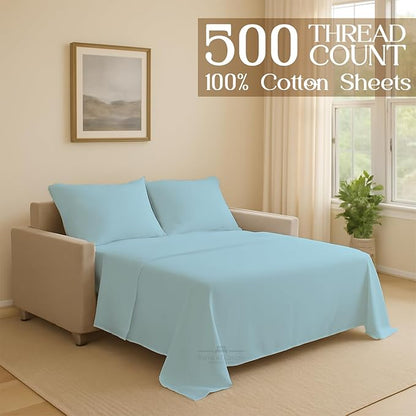 Sleeper Sofa 4 Piece Bed Sheet Set Premium Quality 100% Cotton 500 Thread Count, Smooth & Super Soft Sateen Weave, Extra Soft Bed Sheets, Wrinkle Free, 6 Inch Deep Pocket (Full, Light Blue)
