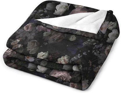 Vintage Gothic Floral Blanket, Black Pink Flower Rose Black Garden Roses Blooming Boho Throw Blankets for Home Bedding Couch Decor, 50"x60"