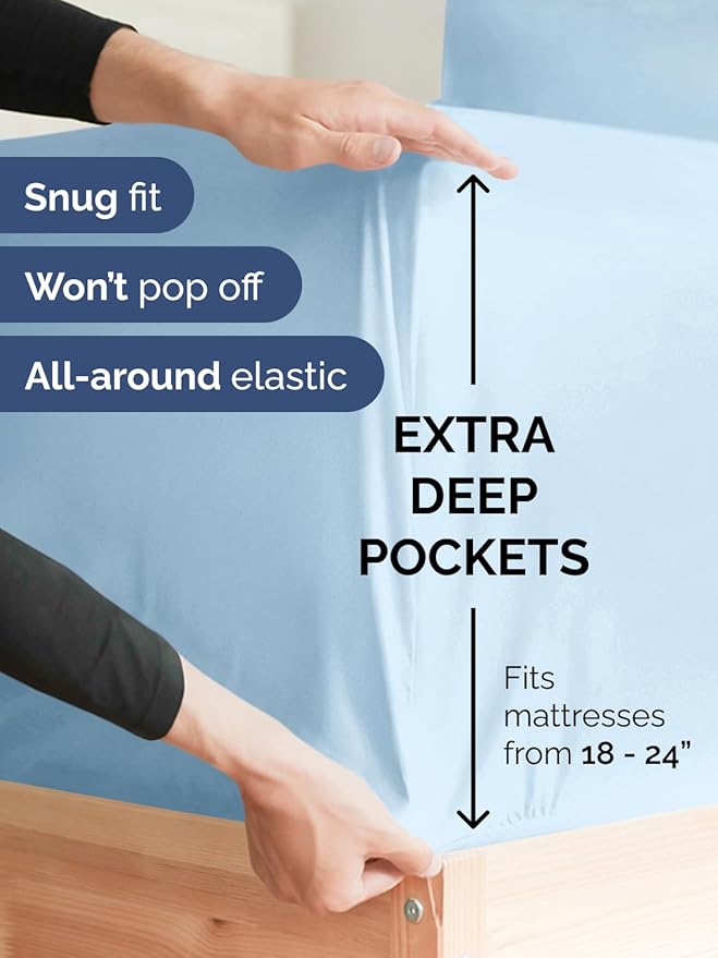 Extra Deep Pocket Twin XL Sheets - 3 Piece Breathable & Cooling Bed Sheets - Hotel Luxury Bed Sheet Set - Soft, Wrinkle Free & Comfy - Easily Fits Extra Deep Mattresses - Deep Pocket Light Blue Sheets
