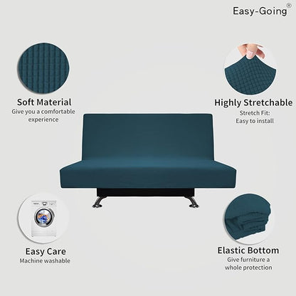 Easy-Going Stretch Futon Slipcover Armless Futon Bed Cover Furniture Protector Without Armrests with Elastic Bottom for Kids, Soft Jacquard Fabric Small Checks (Medium, Deep Teal)