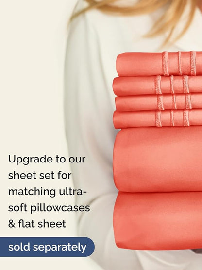 Extra Deep Cal King Fitted Sheet - Hotel Luxury Single Fitted Sheet Only - Easily Fits 18 inch to 24 inch Mattress - Ultra Soft, Wrinkle & Fade Free w/Extra Deep Pockets - Breathable & Comfy - Coral