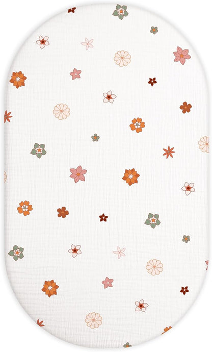 Bassinet Sheet for Baby Boy and Girl, Fitted Sheets for Rectangle, Oval, Hourglass Bassinet Mattress, Muslin Moses Basket Sheets with Neutral Style (Flower-B)