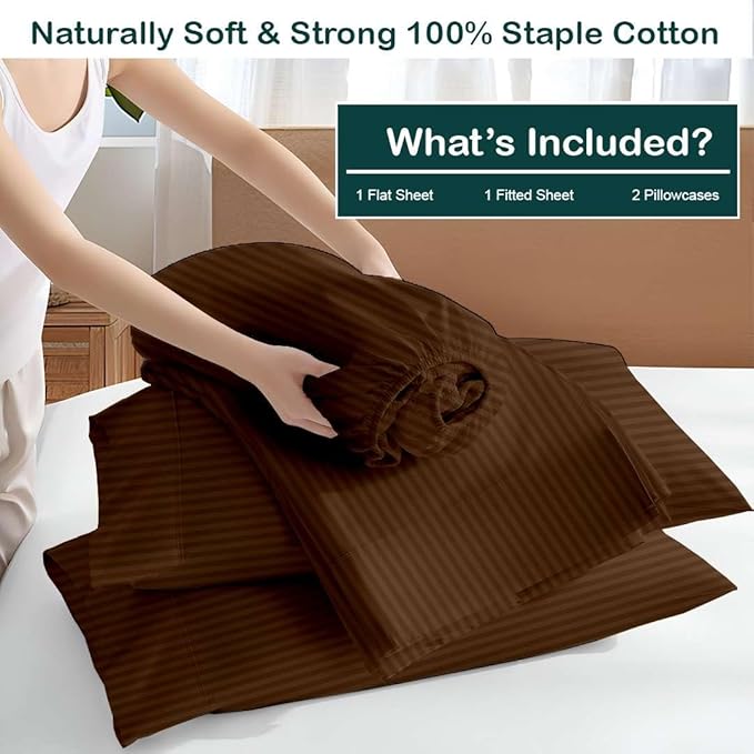 NON Sticky cotton Full Size Sleeper Sofa Sheets, 4 Piece Egyptian Cotton Bed Sheet Set for Sofa Bed, 6" Deep Pocket Fitted Sheet for Pull Out Couch Mattress, 54" x 75", Chocolate Stripe