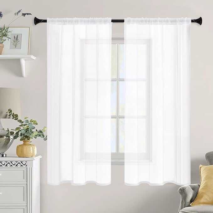 White Sheer Curtains 84 Inches Long 2 Panels, Rod Pocket Short Curtain for Kitchen, Bedroom, Cafe Window(White 38" W x 84" L)