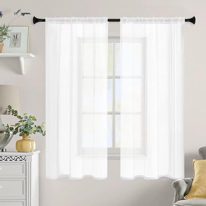 White Sheer Curtains 84 Inches Long 2 Panels, Rod Pocket Short Curtain for Kitchen, Bedroom, Cafe Window(White 38" W x 84" L)
