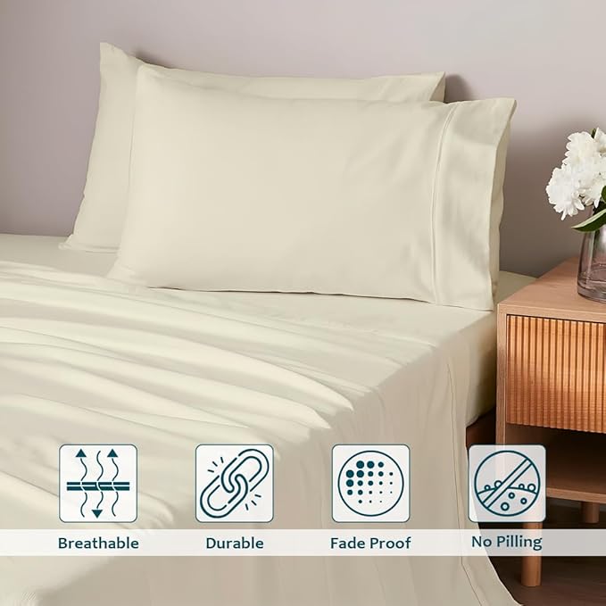 Queen Sheet Set - Luxury 338 Thread Count Sateen, 100% Egyptian Cotton Deep Pocket Queen Sheets with All Around Elastic for a, Hotel Quality Bedding Set (Ivory Solid)