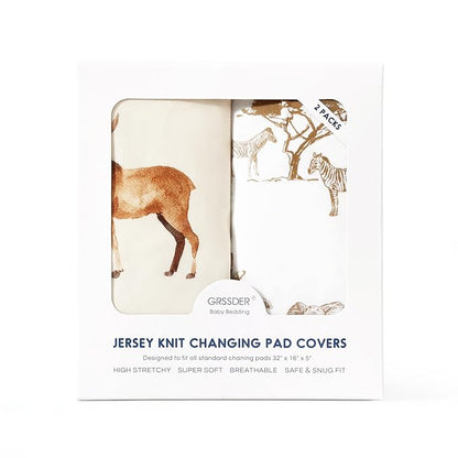 GRSSDER Stretch Ultra Soft Jersey Knit Changing Pad Cover Set 2 Pack, Change Table Pad Covers Fit 32"/34" x 16" Pads Safe and Snug, Stylish Elk Animals Pattern