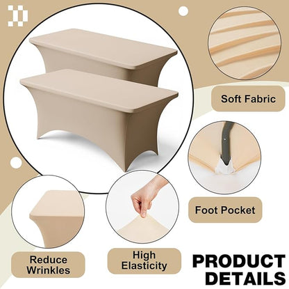 Trlyc 2 Pack 6FT Spandex Table Cloth - 72 x 30 Inch Rectangular Stretch Tablecloth, Wrinkle Resistant Scretch Table Cover for Wedding, Party, Banquet, Picnic, Outdoor Decoration (2Pcs,Champagne)