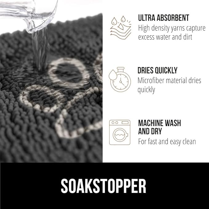 GORILLA GRIP SOAKSTOPPER Dog Door Mat, 48x30 Machine Washable Rug Absorbent Doormat Captures Moisture Mud Dirt, Quick Dry Soft Chenille Entryway Rugs Indoor Entrance Mats for Dog Paws, Charcoal