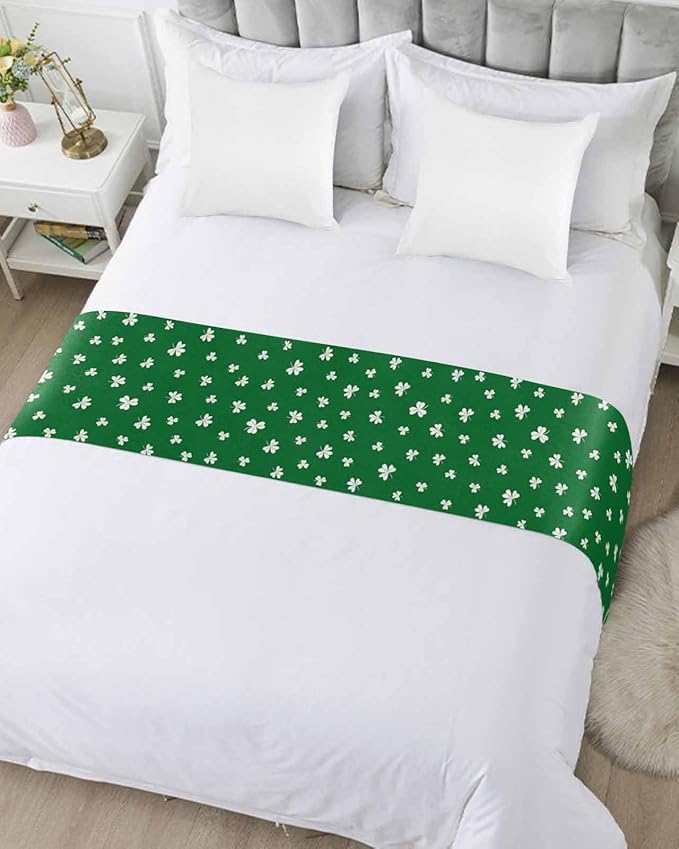 St Patrick's Day Lucky Leaves Bed Runners for Bedroom Hotel,Decorative Bedding Scarf White Shamrock on Green Bed End Blanket Bedding Runner Scarves for Full Size Bed,83x20in