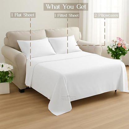 Sleeper Sofa 4 Piece Bed Sheet Set Premium Quality 100% Cotton 500 Thread Count, Smooth & Super Soft Sateen Weave, Extra Soft Bed Sheets, Wrinkle Free, 4 Inch Deep Pocket (Twin, White)