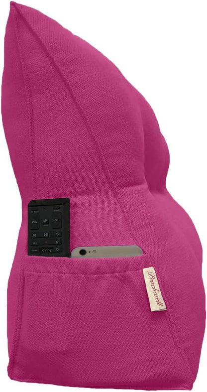 Triangular Reading Bed Rest Pillow Large Bolster Cushion Headboard Backrest Wedge Pillow with Removable Cover and Two Large Side Pockets (Magenta, Queen: 59 x 8 x 20 inches)