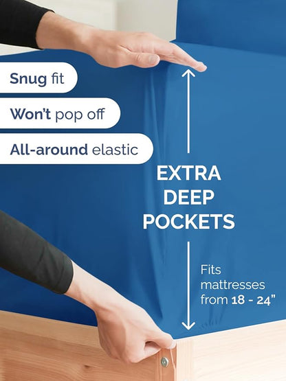 Extra Deep Twin XL Fitted Sheet - Hotel Luxury Single Fitted Sheet Only - Easily Fits 18 inch to 24 inch Mattress - Ultra Soft, Wrinkle Free with Extra Deep Pockets - Breathable & Comfy - Royal Blue