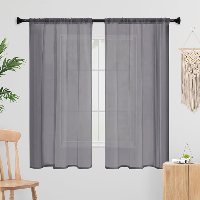 Sheer Curtains 72 Inches Long 2 Panels, Rod Pocket Short Curtain for Kitchen, Bedroom, Cafe Window(Grey 38" W x 72" L)