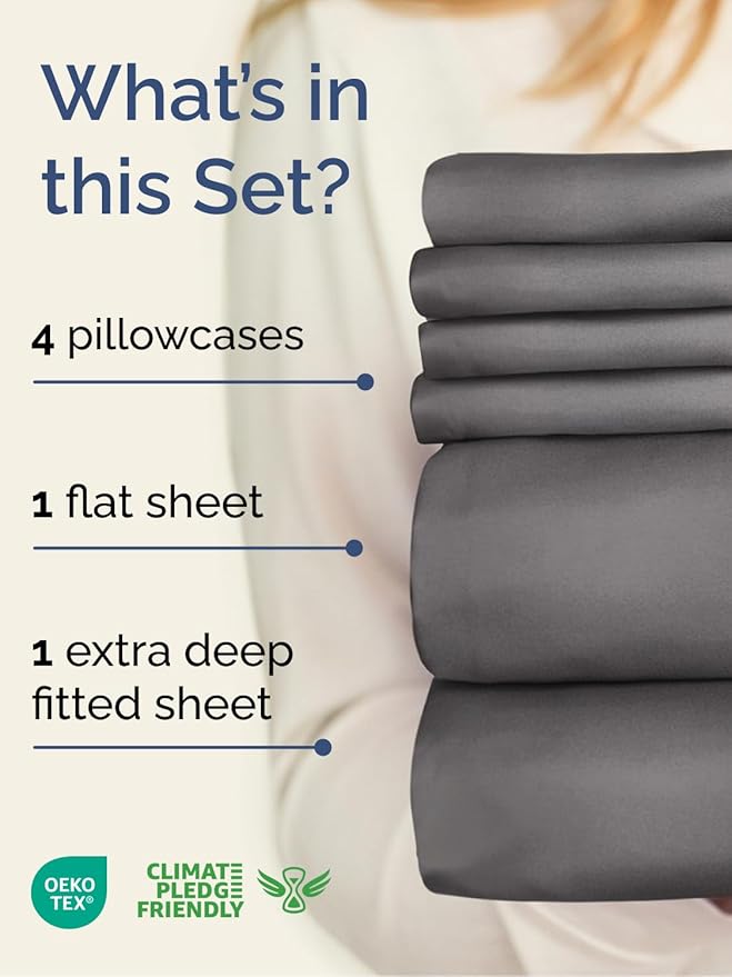 Extra Deep Queen Sheet Set - 6 Piece Breathable and Cooling Sheets - Hotel Luxury Bed Sheets Set - Easy & Secure Fit - Soft, Wrinkle Free and Comfy Sheets Set - Grey Sheet Set with Extra Deep Pockets