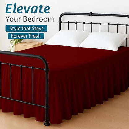 Shreem Linen Ruffled Bed Skirt with Split Corners, Gathered Style, 100% Microfiber, 18-Inch Drop, Dust Ruffle Bedskirt with Platform, Short Queen, Burgundy