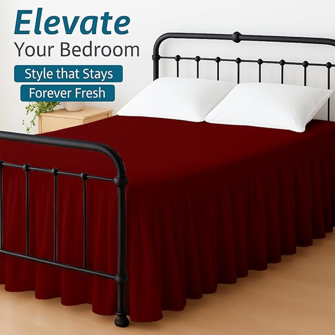 Shreem Linen Ruffled Bed Skirt with Split Corners, Gathered Style, 100% Microfiber, 28-Inch Drop, Dust Ruffle Bedskirt with Platform, RV King, Burgundy