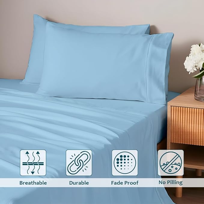 Twin Sheets Set - Luxury 338 Thread Count 100% Egyptian Cotton Sateen, Twin Sheet Set with All Around Elastic for a, Hotel Quality Bedding (Light Blue Solid)
