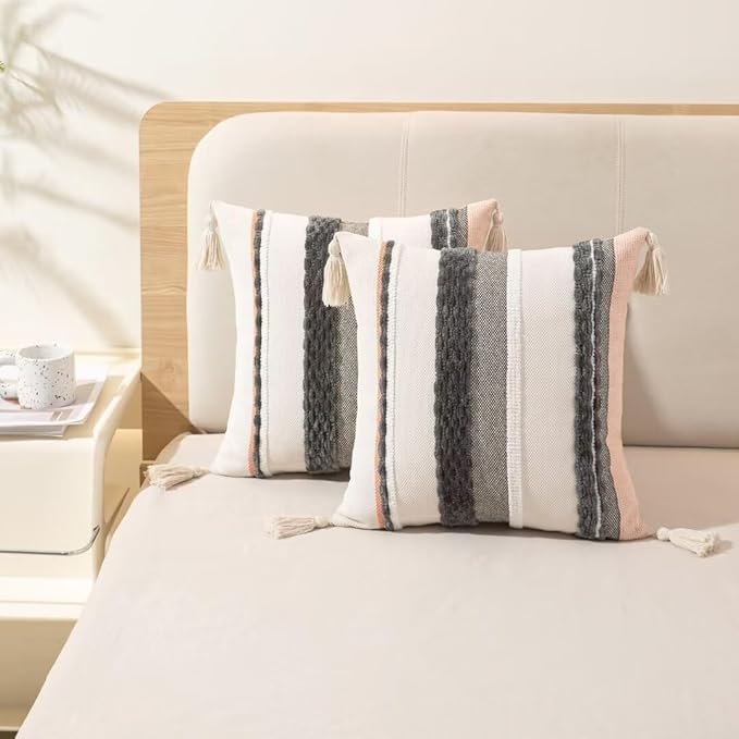 Boho Throw Pillow Covers 18x18 Set of 2 Woven Tufted Farmhouse Pillows Cover with Tassels Textured Striped Cushion Case Neutral Pillow Cases Decorative Pillowcase for Sofa Couch,Dark Grey