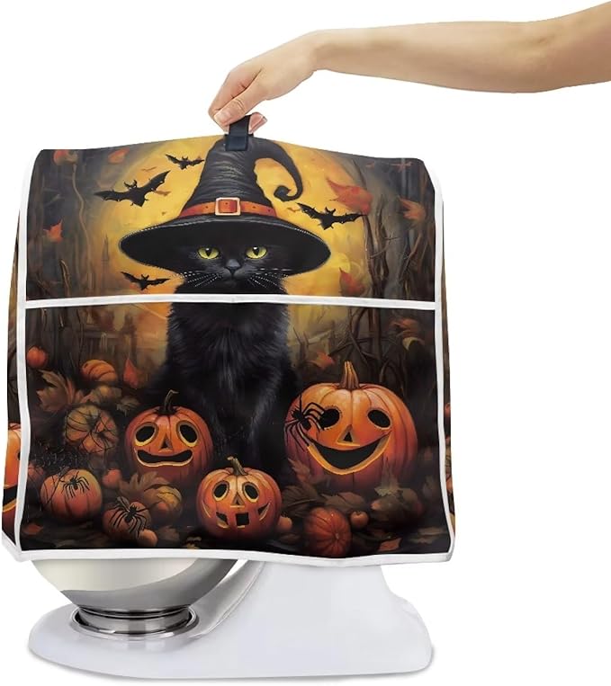 Halloween Mixer Covers - Black Cat Pumpkin Indoor Kitchen Decorations, Polyester Dustproof Cover with Pockets, Compatible with 4.5-5 Quart Stand Mixer