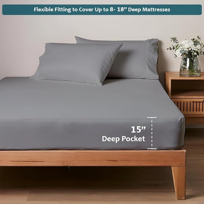 Deep Pocket King Sheets Set - Luxury 338 Thread Count Sateen, 100% Cotton Sheets with All Around Elastic for a, Hotel Quality Bedding Set (Light Grey Solid)