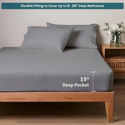 Full Size Bed Sheets Set - Luxury 338 Thread Count 100% Egyptian Cotton Sateen, Cooling Sheets, Deep Pockets with All Around Elastic for a, Hotel Quality Bedding Set (Light Grey Solid)