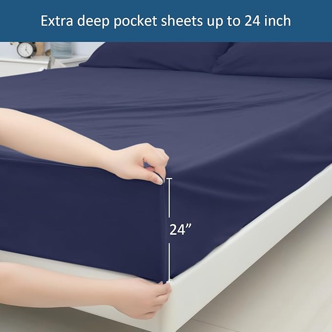 Moonsea Queen Sheet Set for Air Mattress - Sheets Queen Size Bed Set - 3Pcs Side Storage Pocket Fitted Sheet & Pillowcases Easily Fits 16in to 24in Pillow Top Air Bed Mattress - Navy Blue