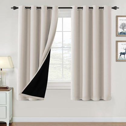 H.VERSAILTEX 100% Blackout Curtains for Bedroom Thermal Insulated Blackout Curtains 63 inch Length Heat and Full Light Blocking Curtains for Living Room with Black Liner 2 Panels Set, Fog