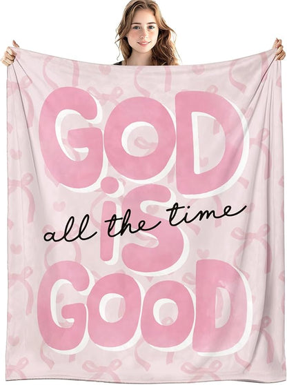 Preppy Pink Christian Blanket, God is Good All The Time Bible Verse Throw Blankets for Girly Room Bedroom Dorm Couch Bed Decor, Coquette Pink Bow Religious Scripture Blanket, 50x60 Inch