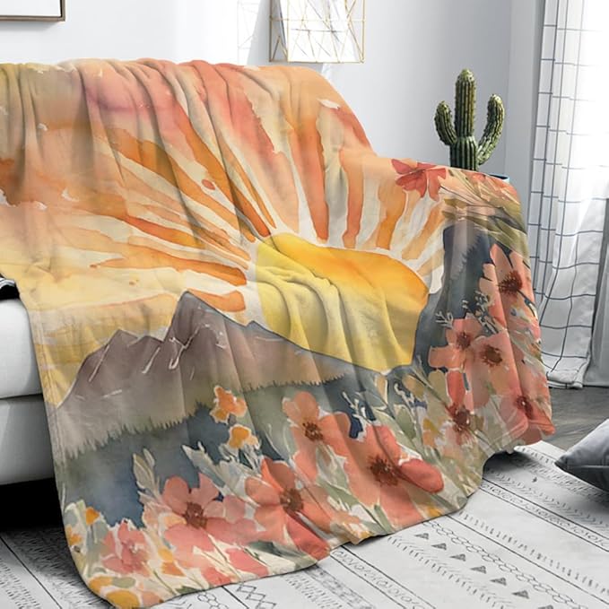 Burn Orange Boho Sunrise Sunset Sun Print Throw Blankets Pink Floral Flower Blanket Modern Abstract Throws Spring Blankets for Couch Boho Decorative Blanket for Sofa Bed Living Room 30"x40"