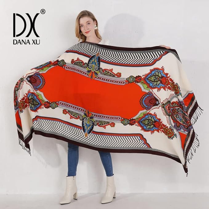 DANA XU 100% Merino Wool Extra Large Pashmina Blanket Travel Scarf Cashmere Wrap for Women Fall Winter Oversize Shawl Floral