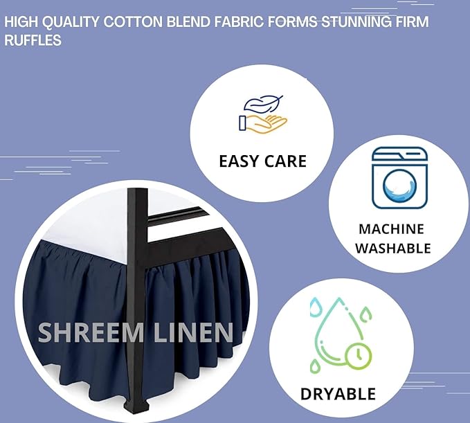 Shreem Linen Ruffled Bed Skirt with Split Corners, Gathered Style, 100% Microfiber, 15-Inch Drop, Dust Ruffle Bedskirt with Platform, Twin-XXL, Navy Blue
