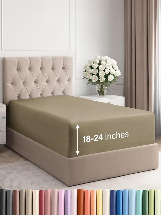 Extra Deep Twin XL Fitted Sheet - Hotel Luxury Single Fitted Sheet Only - Easily Fits 18 inch to 24 inch Mattress - Ultra Soft, Wrinkle & Fade Free w/Extra Deep Pockets - Breathable & Comfy - Khaki