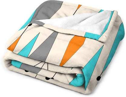 Mid Century Flannel Throw Blankets, Mid Century Modern Geometric Atomic Shapes Orange Retro Style Boho Print Blanket for Bed Couch Sofa Fuzzy Tv Throws 60"x80"