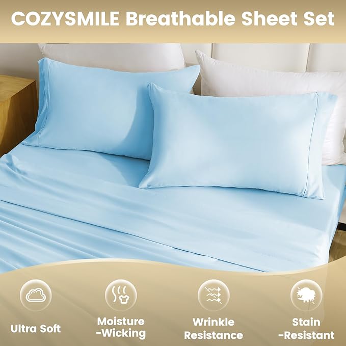 Silky Soft Queen Sheet Set - Luxury 4 Piece Breathable Cooling Sheets for Queen Size Bed, 16" Deep Pocket Easy Care Wrinkle Free Bedding Sheet and Pillowcase Set, Sky Blue