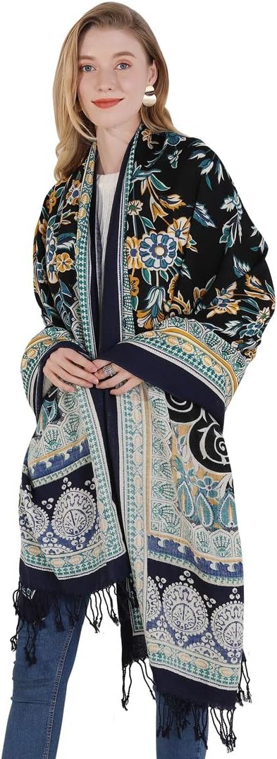 DANA XU 100% Merino Wool Pashmina Shawl for Women 96"x43", Oversized Cashmere Wrap with Tassels, Floral Travel Blanket Cape