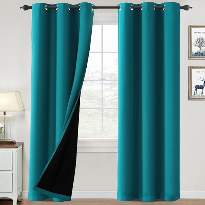 H.VERSAILTEX 100% Blackout Curtains for Bedroom Thermal Insulated Blackout Curtains 84 inch Length Heat and Full Light Blocking Curtains for Living Room with Black Liner 2 Panels Set, Turquoise Blue