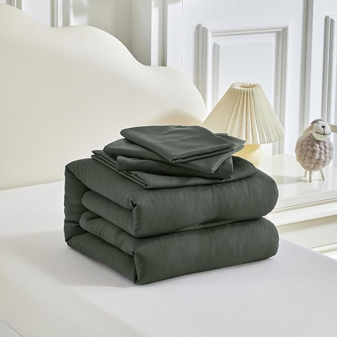 Toddler Bedding Set - 5 Piece Soft and Breathable Toddler Bed Set for Boys and Girls, Includes Quilted Comforter, Fitted Sheet, Flat Top Sheet, Standard Pillowcase and Toddler Pillowcase, Dark Green