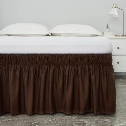 MEILA Wrap Around Bed Skirt Three Fabric Sides Elastic Dust Ruffled 24 Inch Tailored Drop,Easy to Install Fade Resistant-Brown, Queen/King
