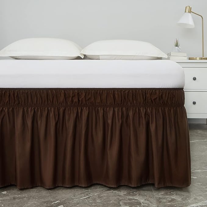 MEILA Wrap Around Bed Skirt Three Fabric Sides Elastic Dust Ruffled 18 Inch Tailored Drop,Easy to Install Fade Resistant-Brown, Twin/Full