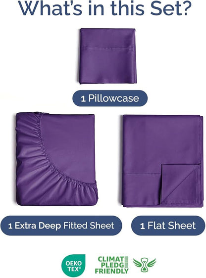 Extra Deep Pocket Twin XL Sheets - 3 Piece Breathable & Cooling Bed Sheets - Hotel Luxury Bed Sheet Set - Soft, Wrinkle Free & Comfy - Easily Fits Extra Deep Mattresses - Deep Pocket Purple Sheets Set