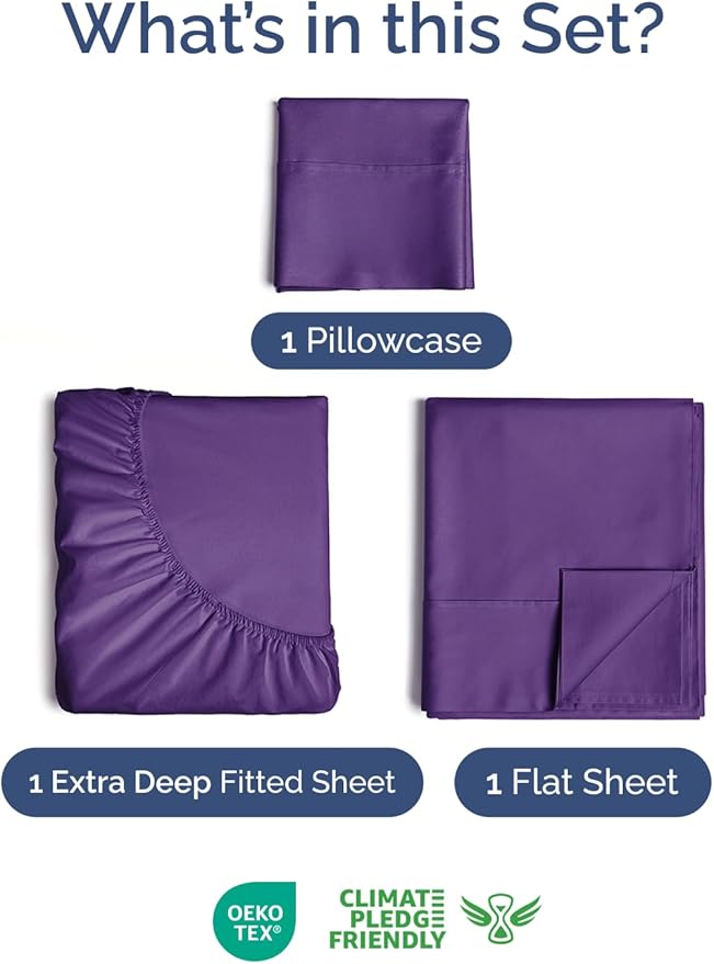 Extra Deep Pocket Twin Sheets - 3 Piece Breathable & Cooling Bed Sheets - Hotel Luxury Bed Sheet Set - Soft, Wrinkle Free & Comfy - Easily Fits Extra Deep Mattresses - Deep Pocket Purple Sheets Set