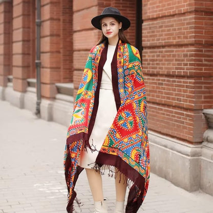 DANA XU 100% Merino Wool Pashmina Shawl for Women 96"x43", Oversized Cashmere Wrap with Tassels, Floral Travel Blanket Cape