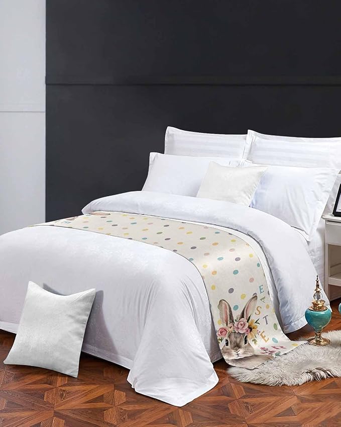 Spring Easter Farm Rabbit Flower Bed Runners for Bedroom Hotel,Decorative Bedding Scarf Colorful Quote Dot on Linen Bed End Blanket Bedding Runner Scarves for King Size Bed,102x20in