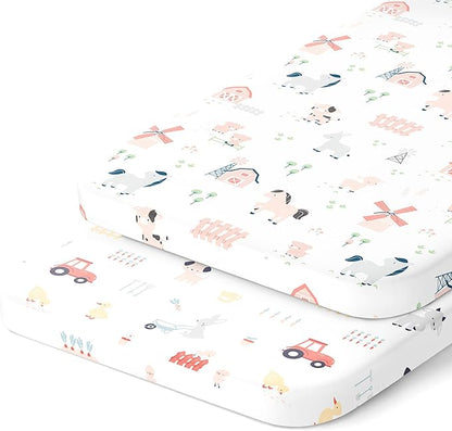 Bassinet Fitted Sheets Compatible with Dream on Me Traveler Portable Bassinet & Skylar, Seashell Bedside Sleeper – Snuggly Soft 100% Jersey Cotton – Farm Animals – 2 Pack