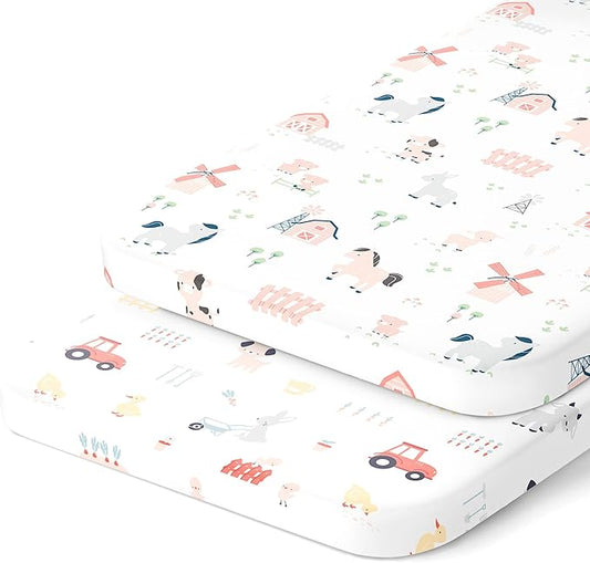 Joey + Joan Bassinet Sheets for Chicco LullaGo Nest, Primo, Close to You 3-in-1 & Next2Me Bassinet - Farm Animals - 2 Pack - 100% Cotton - Not for LullaGo Anywhere