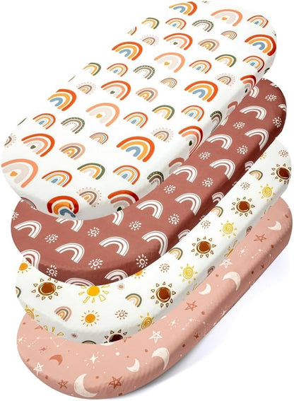 Jola's House 4 Pack Boho Bassinet Sheets - Sunshine & Rainbow Design - Neutral Unisex - Fitted Baby Bassinet Sheets