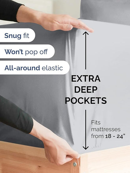 Extra Deep Queen Fitted Sheet - Hotel Luxury Single Fitted Sheet Only - Easily Fits 18 inch to 24 inch Mattress - Ultra Soft, Wrinkle & Fade Free w/Extra Deep Pocket - Breathable & Comfy - Steel Blue